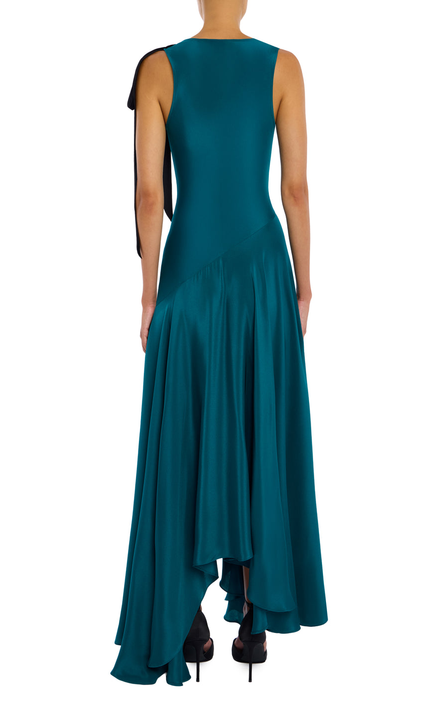 Teal Silk Crepe Cowl Neck Dress With Handkerchief Skirt And Velvet Bow