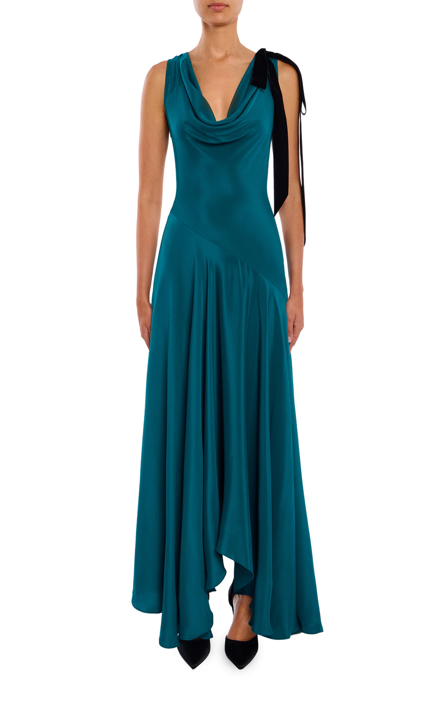 Teal Silk Crepe Cowl Neck Dress With Handkerchief Skirt And Velvet Bow