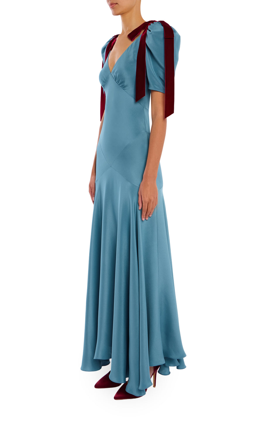 Blue Silk Crepe Bias Dress With BurgundyVelvet Bow Detail