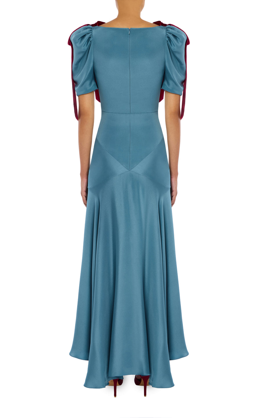 Blue Silk Crepe Bias Dress With BurgundyVelvet Bow Detail