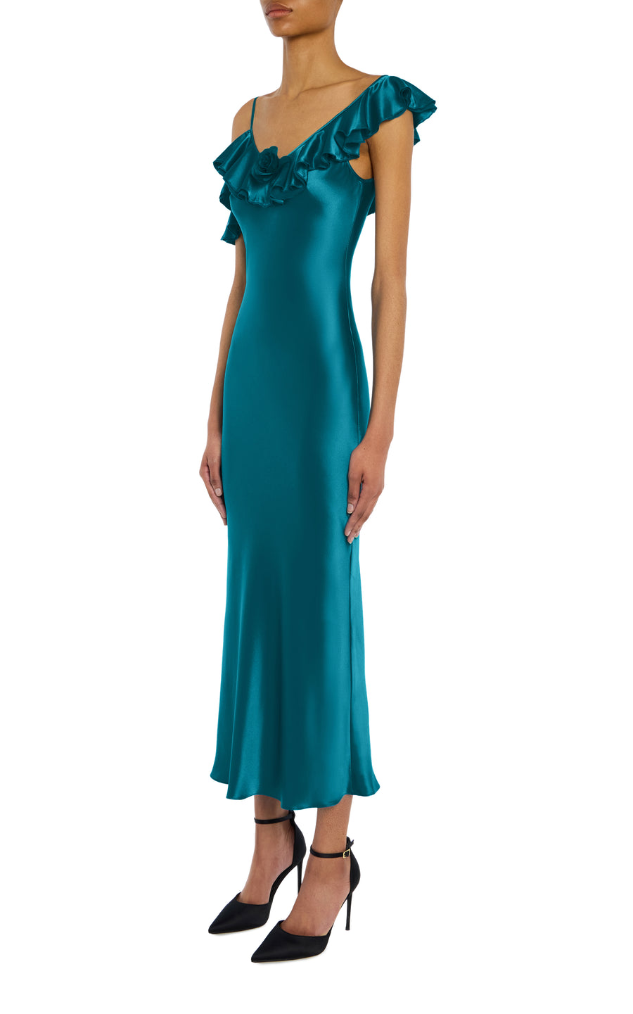 Teal Silk Satin Dress with Ruffle Detail