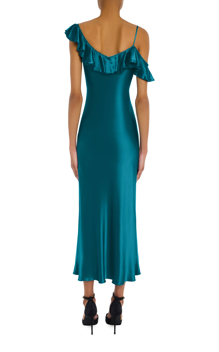 Teal Silk Satin Dress with Ruffle Detail