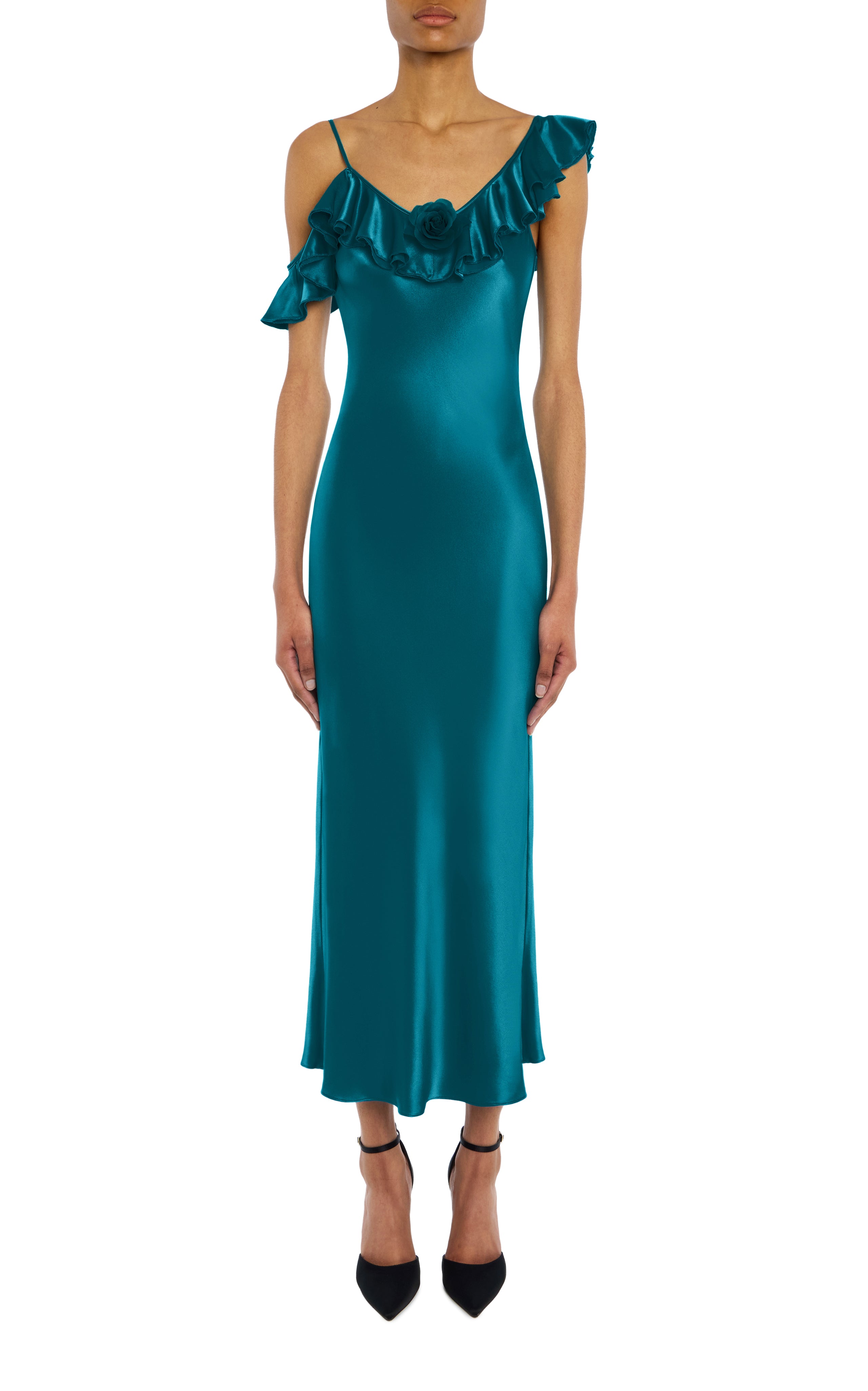 teal silk dress Satin with Ruffle Detail – Rodarte Dressing Thousand Island Organic, The ASOS DESIGN satin budget wedding guest outfit Color:SUNRISE