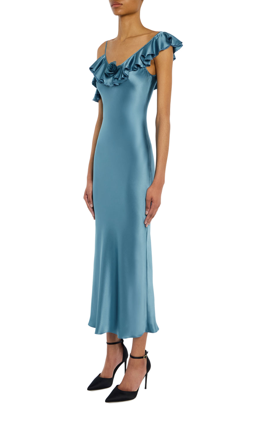 Light Blue Silk Satin Dress with Ruffle Detail
