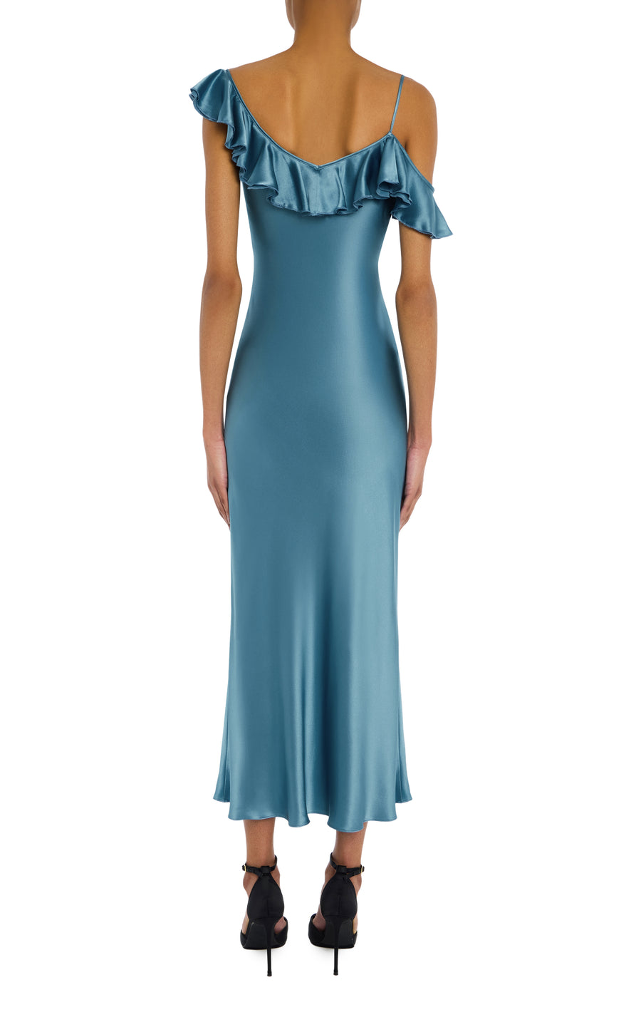 Light Blue Silk Satin Dress with Ruffle Detail