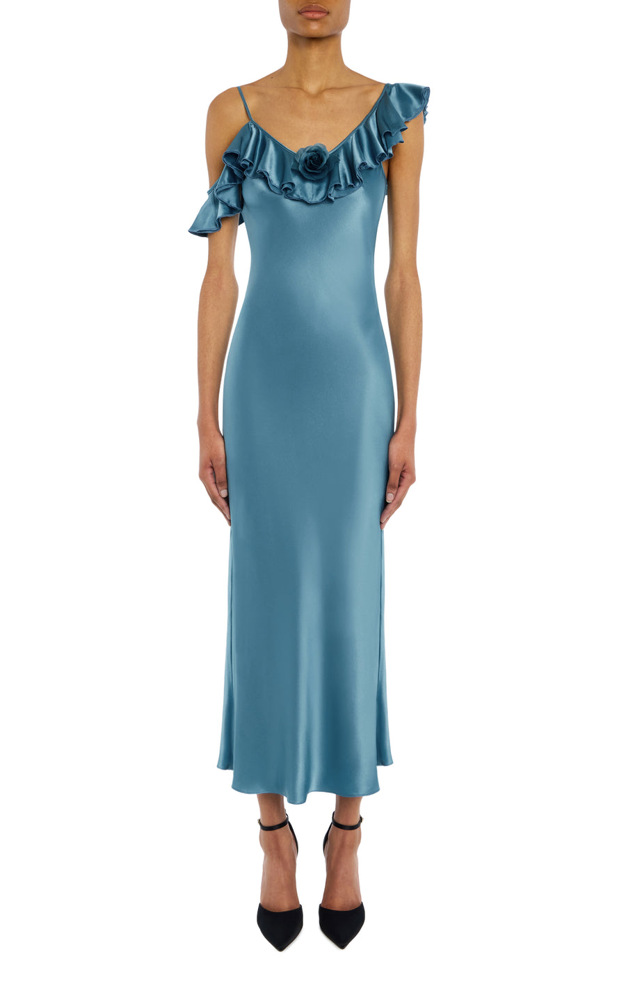 Light Blue Silk Satin Dress with Ruffle Detail