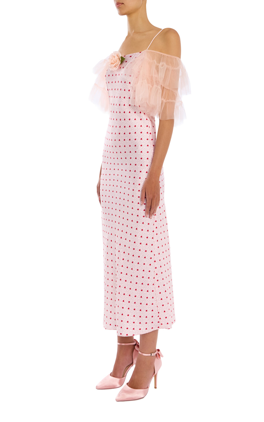 Pink and Red Printed Heart Silk Bias Slip Dress With Ruffle Sleeves An –  Rodarte
