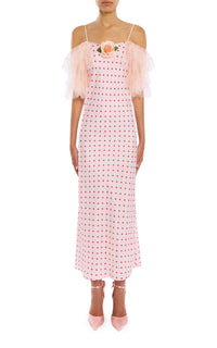 Pink and Red Printed Heart Silk Bias Slip Dress With Ruffle