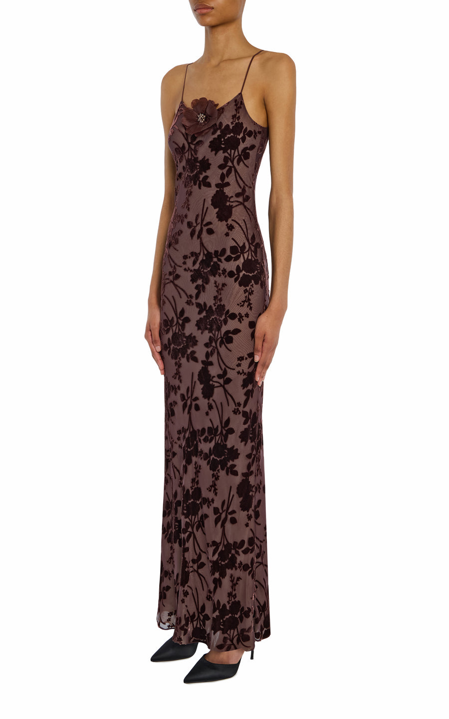 Brown Velvet Devoré Slip Gown With Silk Flower Pin