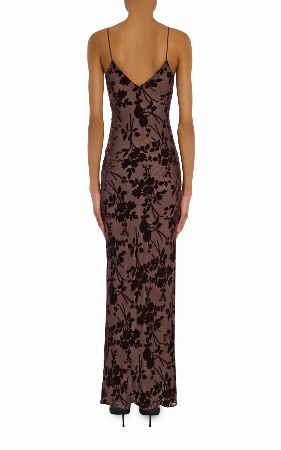Brown Velvet Devoré Slip Gown With Silk Flower Pin