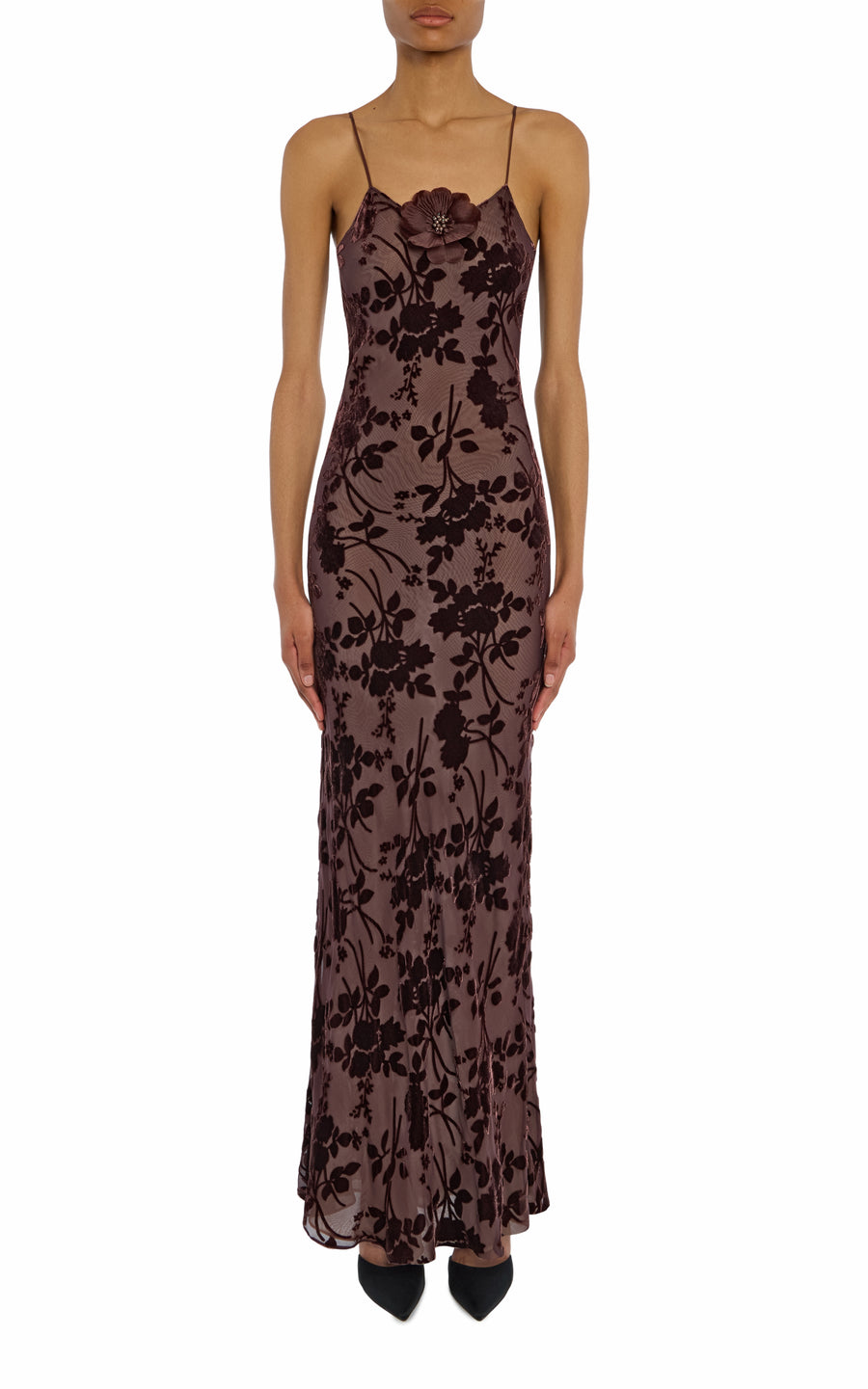Brown Velvet Devoré Slip Gown With Silk Flower Pin