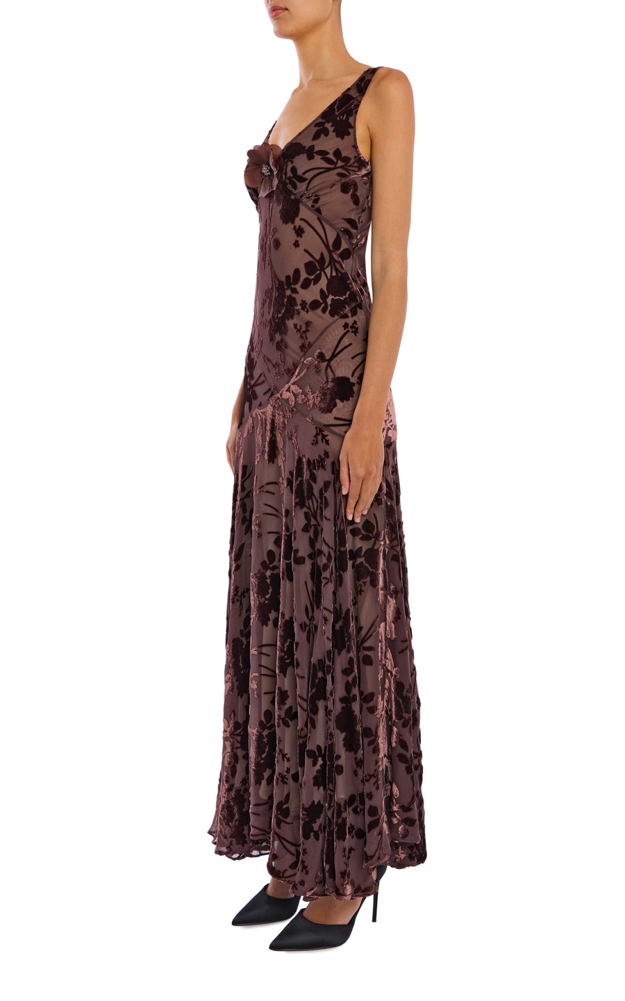 Brown Velvet Devoré Bias Cut Gown With Silk Flower Pin