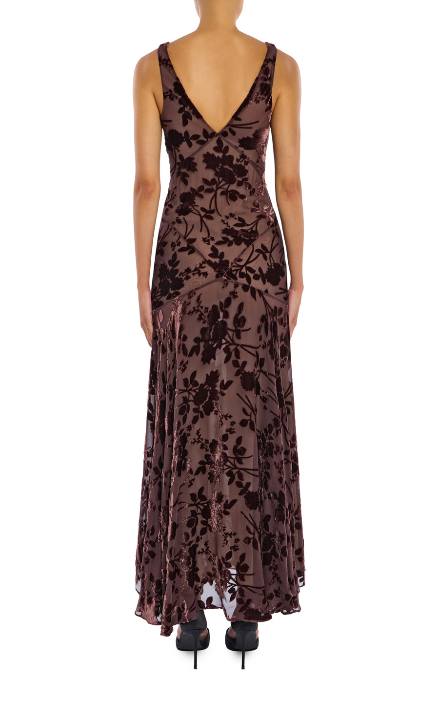 Brown Velvet Devoré Bias Cut Gown With Silk Flower Pin