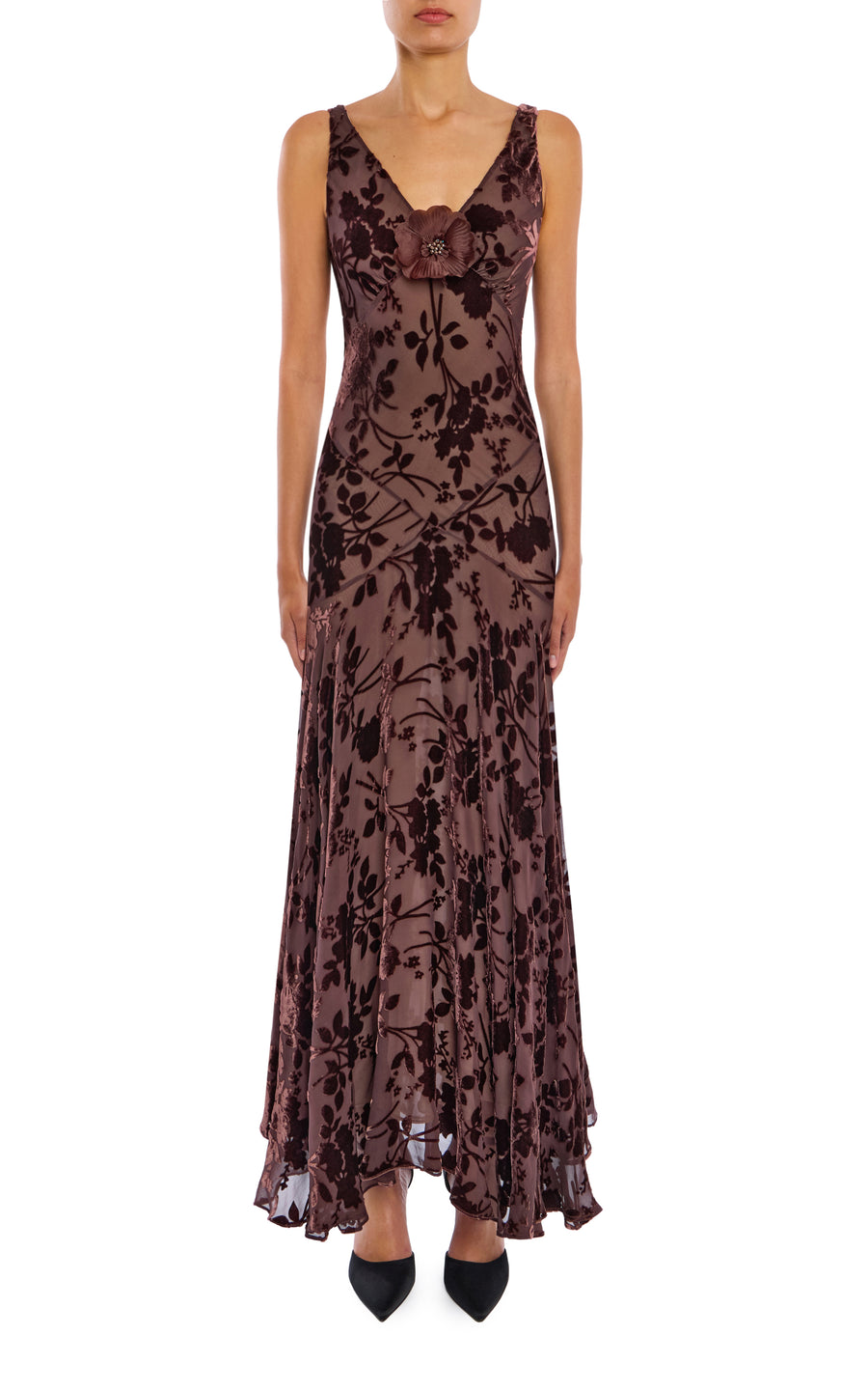 Brown Velvet Devoré Bias Cut Gown With Silk Flower Pin