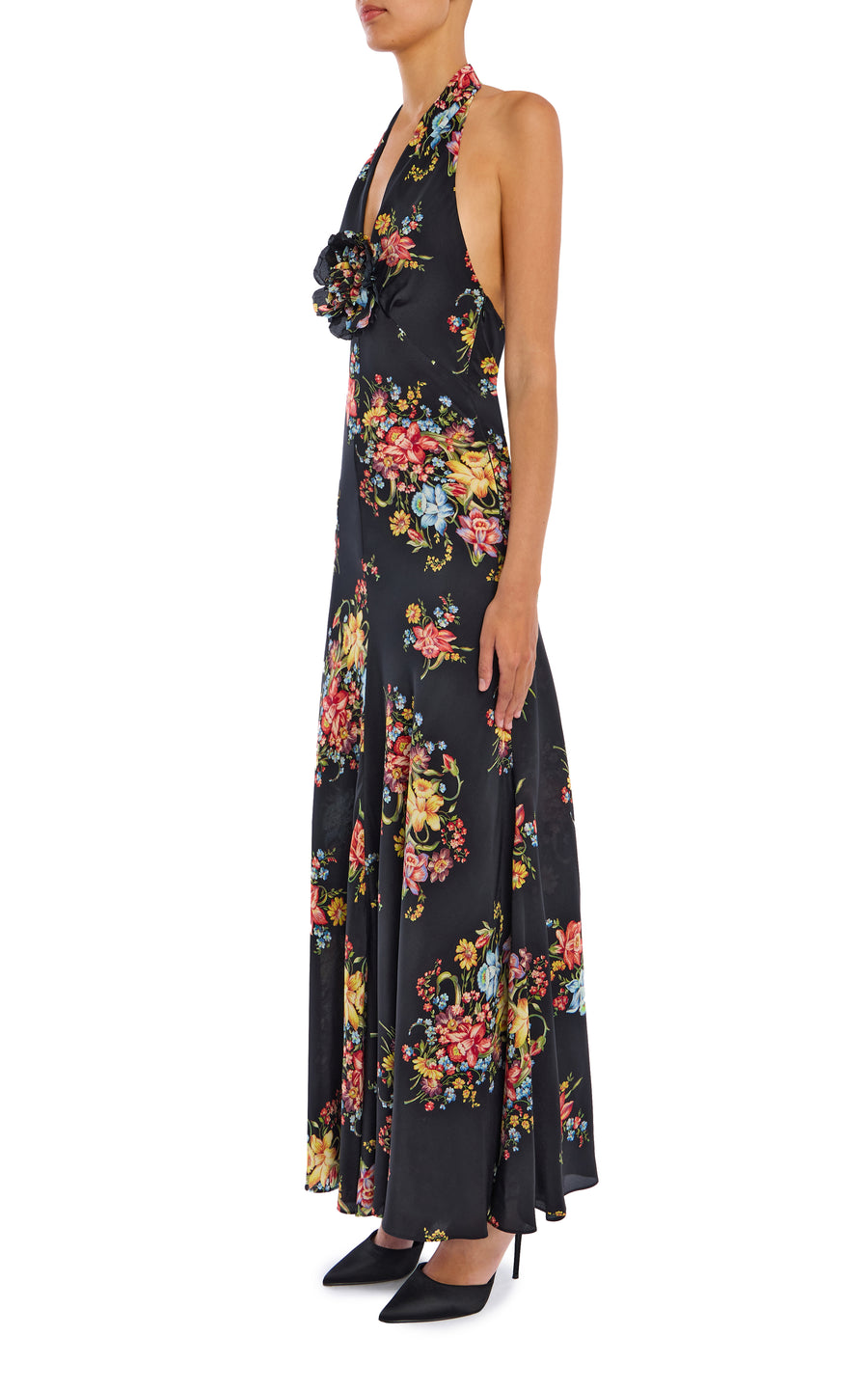Floral Silk Halter Dress With Silk Flower