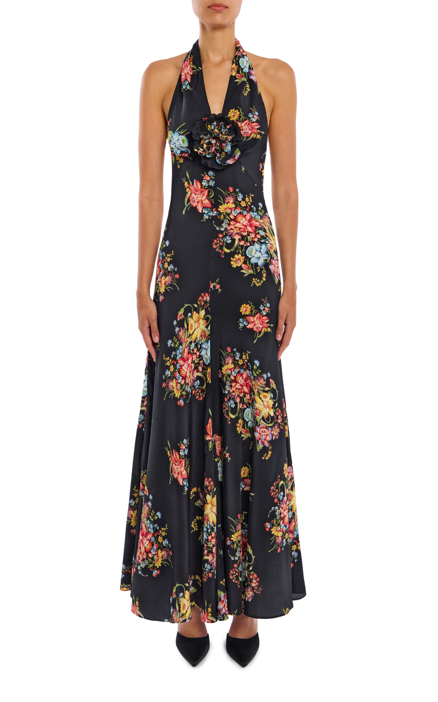 Floral Silk Halter Dress With Silk Flower