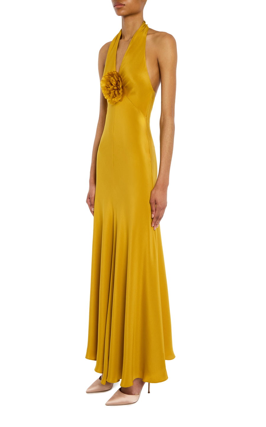 Ochre Silk Halter Dress With Silk Flower