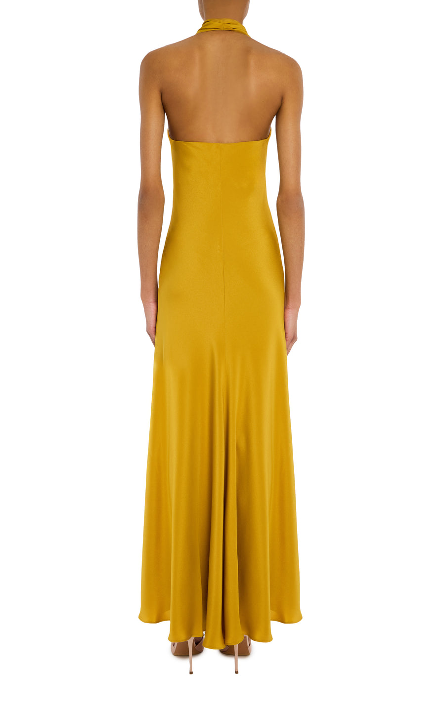 Ochre Silk Halter Dress With Silk Flower