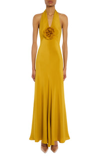 Ochre Silk Halter Dress With Silk Flower – Rodarte