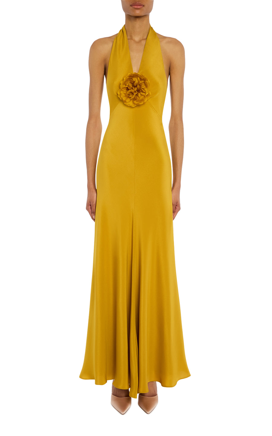 Ochre Silk Halter Dress With Silk Flower