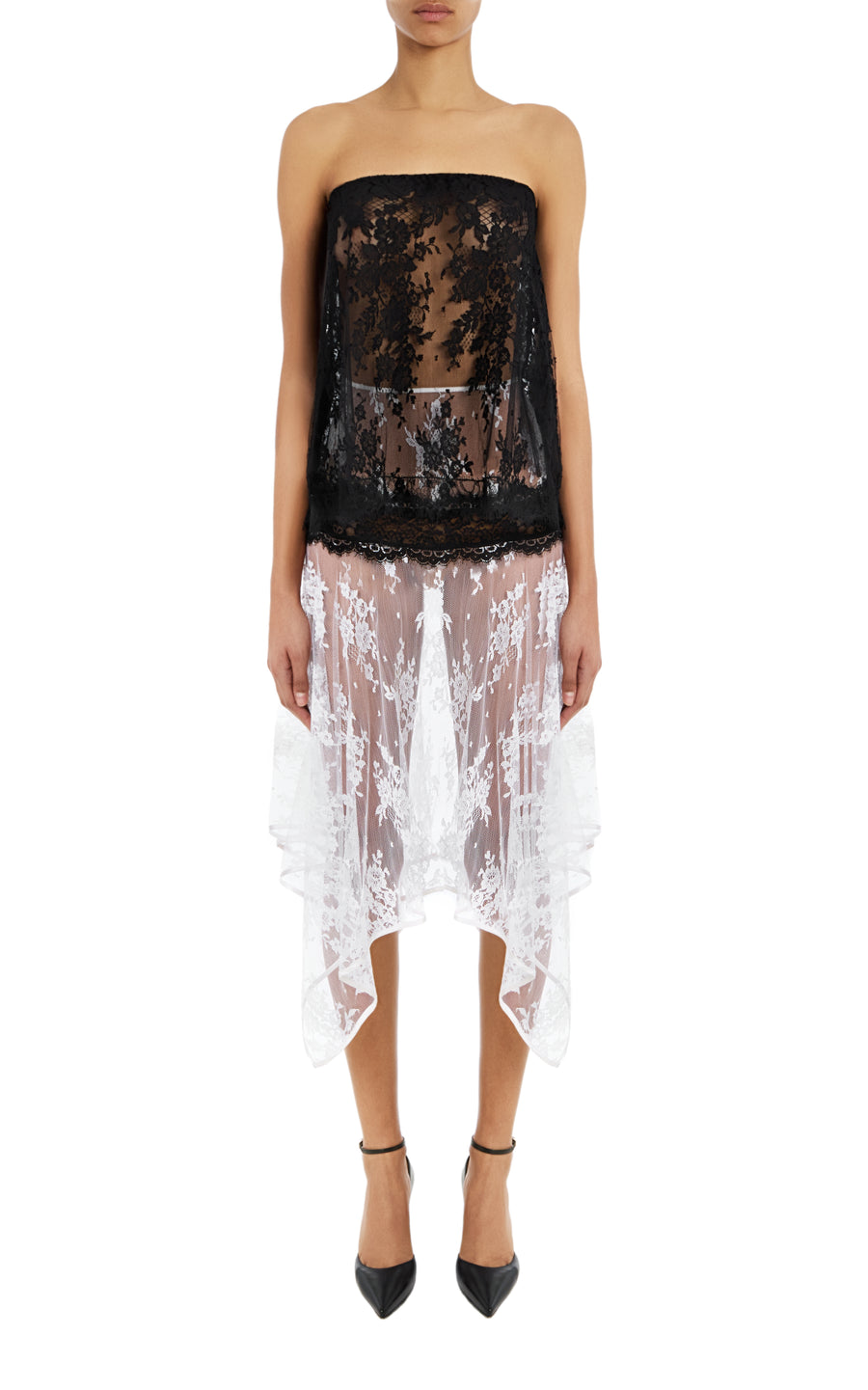 White Lace Asymmetrical Skirt With Black Lace Detail