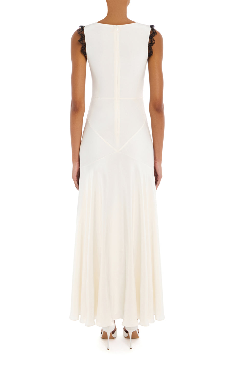 White Silk Crepe Bias Dress With Lace and Black Velvet Ribbon Bow Deta Rodarte White Silk Crepe Bias Dress With Lace and Black Velvet Ribbon Bow Deta Rodarte