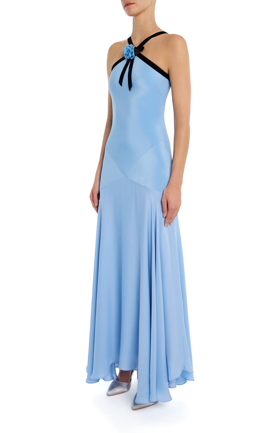 Blue Silk Crepe Bias Dress With Black Velvet Bow And Flower Detail Rodarte Blue Silk Crepe Bias Dress With Black Velvet Bow And Flower Detail Rodarte