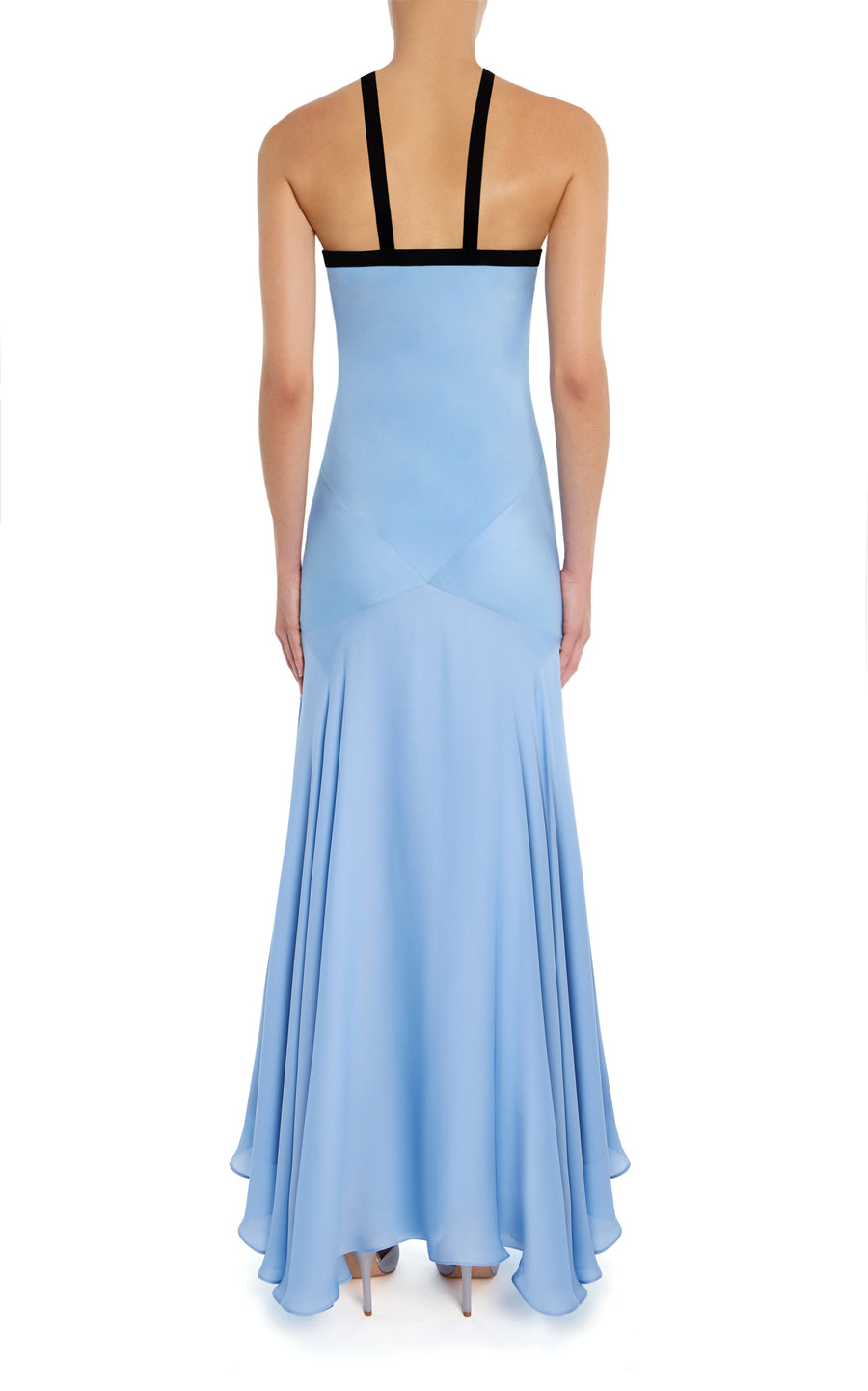 Blue Silk Crepe Bias Dress With Black Velvet Bow And Flower Detail – Rodarte