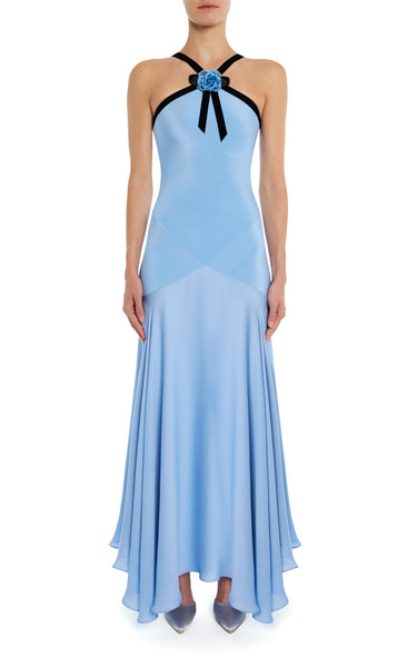 Blue Silk Crepe Bias Dress With Black Velvet Bow And Flower Detail – Rodarte
