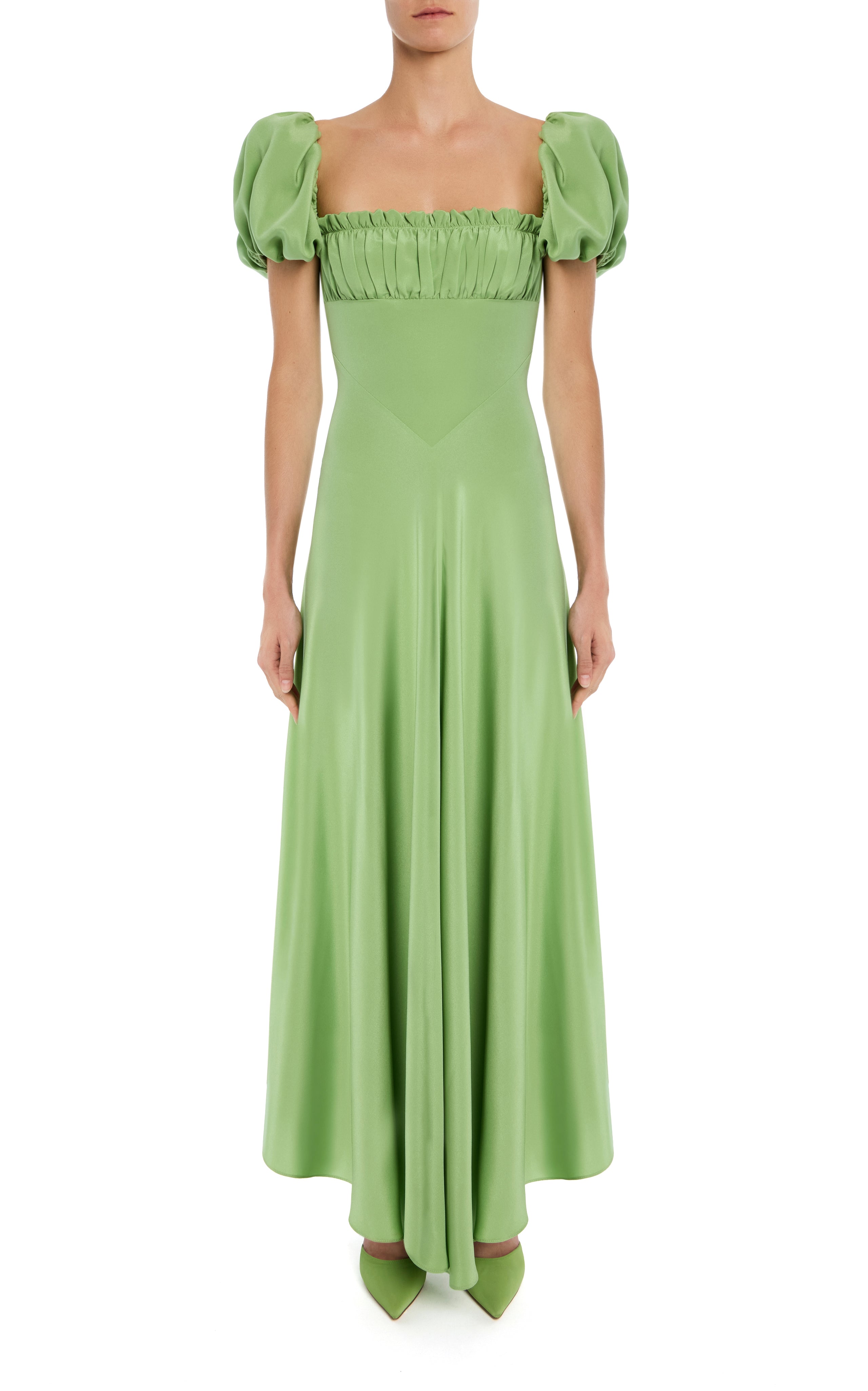 Green Silk Crepe Dress With Gathered Bust And Ribbon Detail – Rodarte
