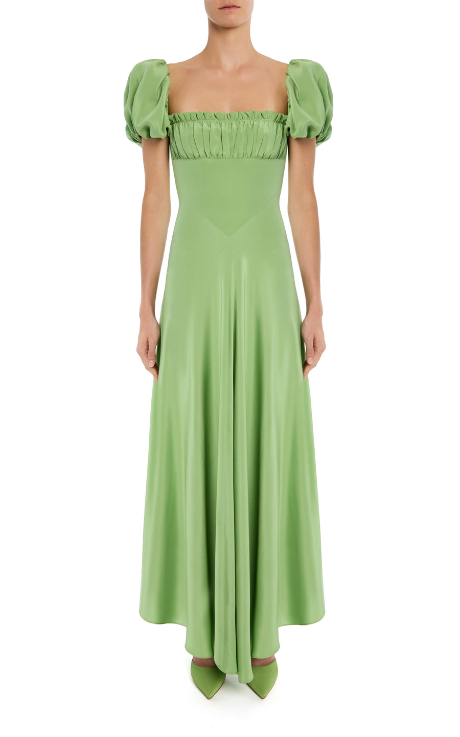 green emerald velvet dress Green Silk Crepe Dress With Gathered Bust And Ribbon Detail – Rodarte