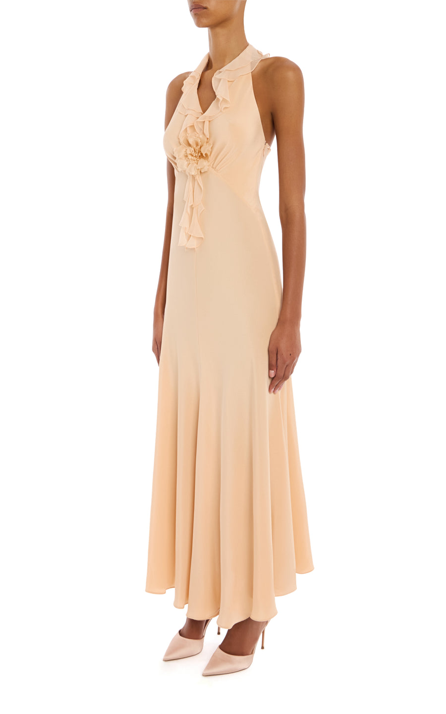 Peach Silk Crepe Halter Dress With Chiffon Ruffles and Flower – Rodarte