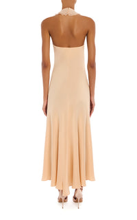 Peach Silk Crepe Halter Dress With Chiffon Ruffles and Flower – Rodarte