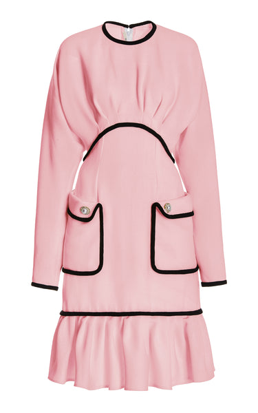FW21 Pink and Black Wool Batwing Dress With Pearl Button Details