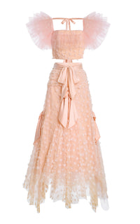 SS19 Pink Embroidered Tulle Corseted Top And Skirt with Bow
