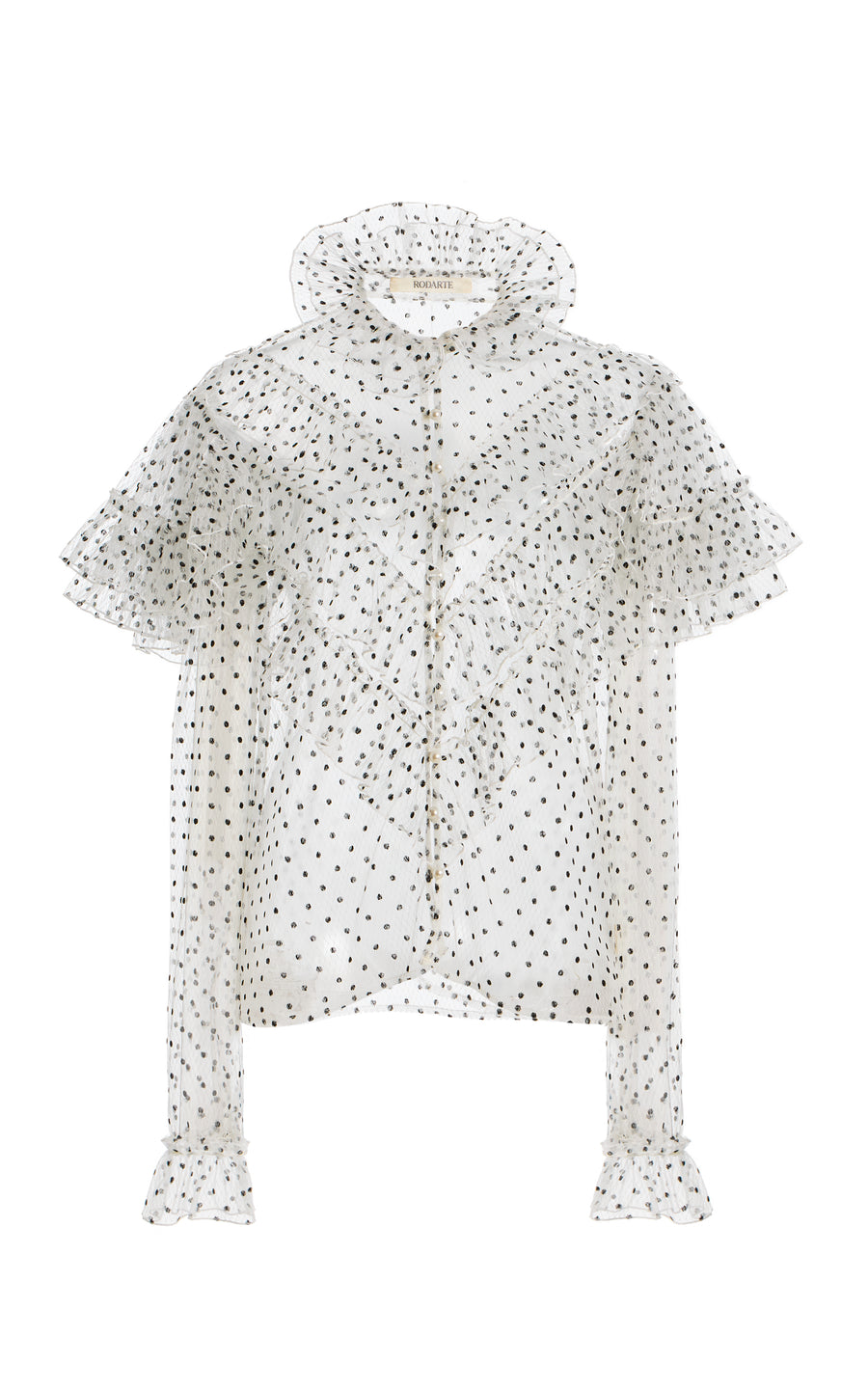 SS18 White and Black Polka Dotted Flocked Tulle Ruffled Blouse And
