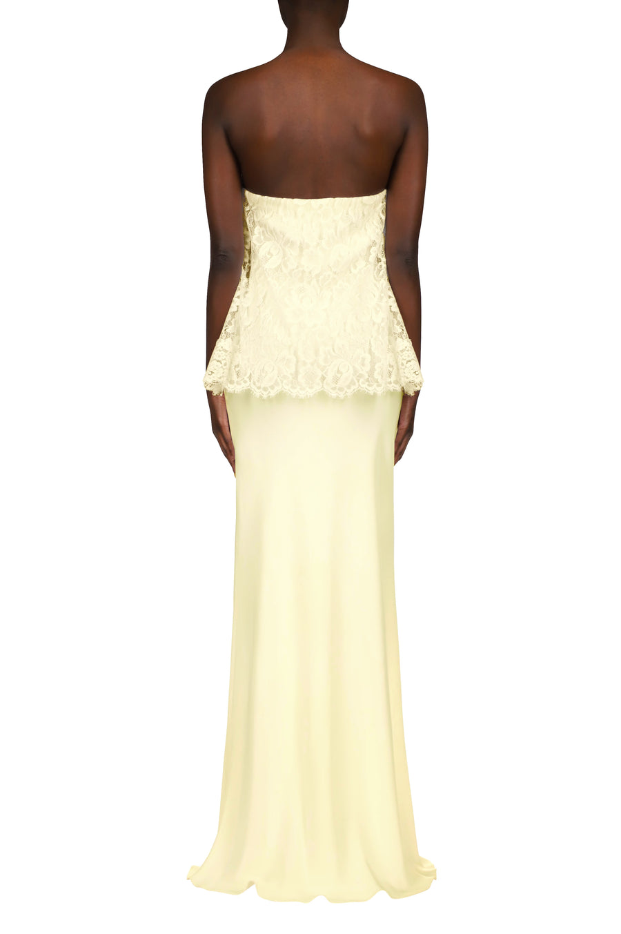 Yellow Silk Crepe Strapless Bias Gown With  Lace Overlay