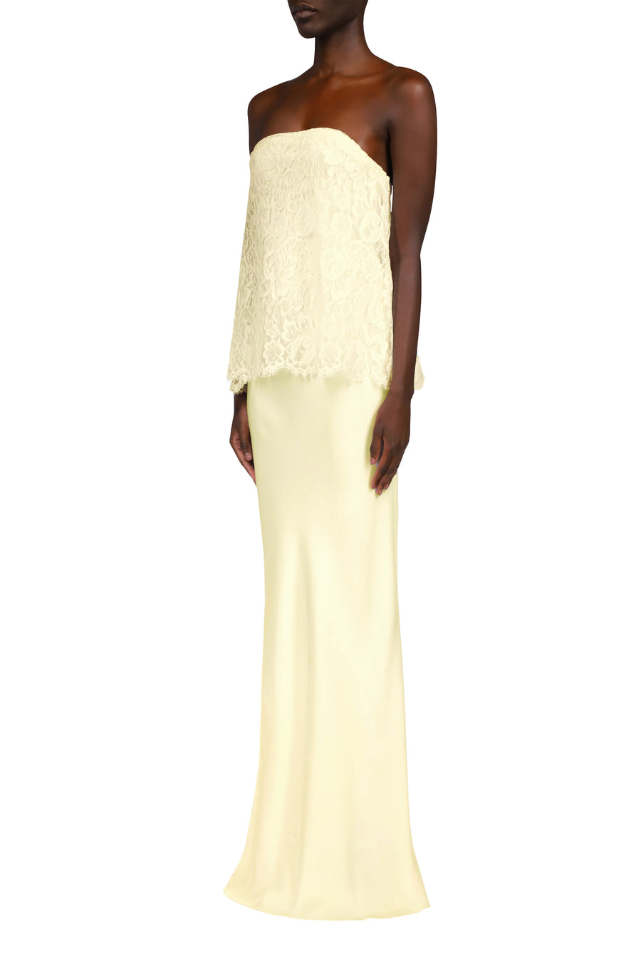 Yellow Silk Crepe Strapless Bias Gown With  Lace Overlay