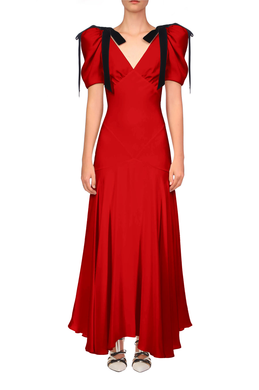 Red Silk Crepe Bias Dress With Velvet Ribbon Bow Details