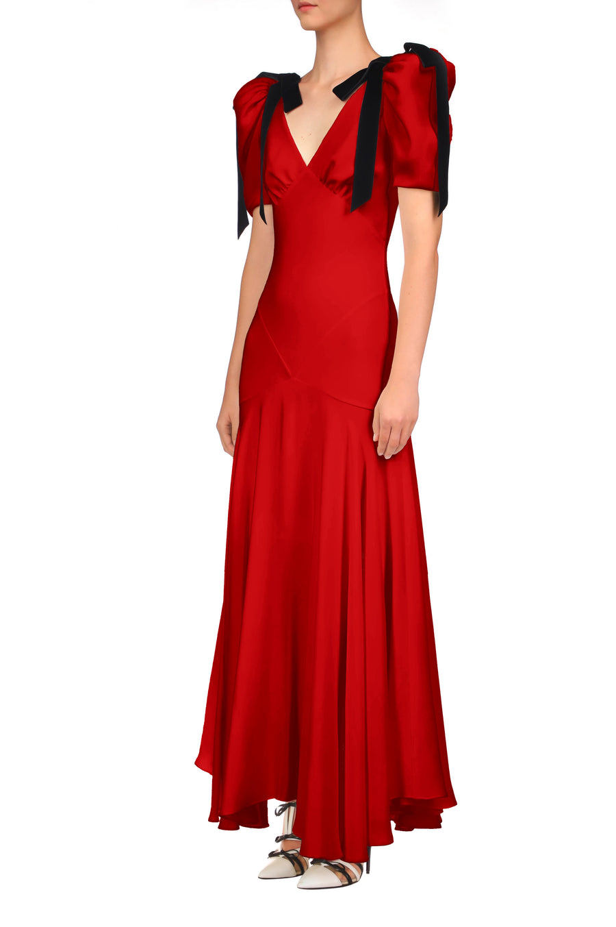 Red Silk Crepe Bias Dress With Velvet Ribbon Bow Details