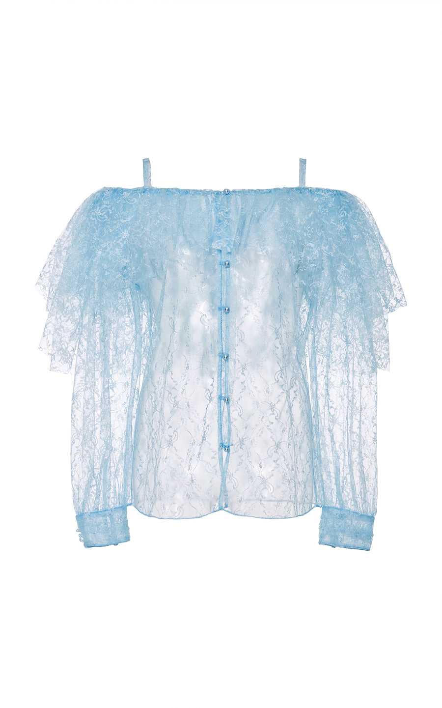 FW18 Light Blue Lace Off The Shoulder Blouse And Ruffled Tiered