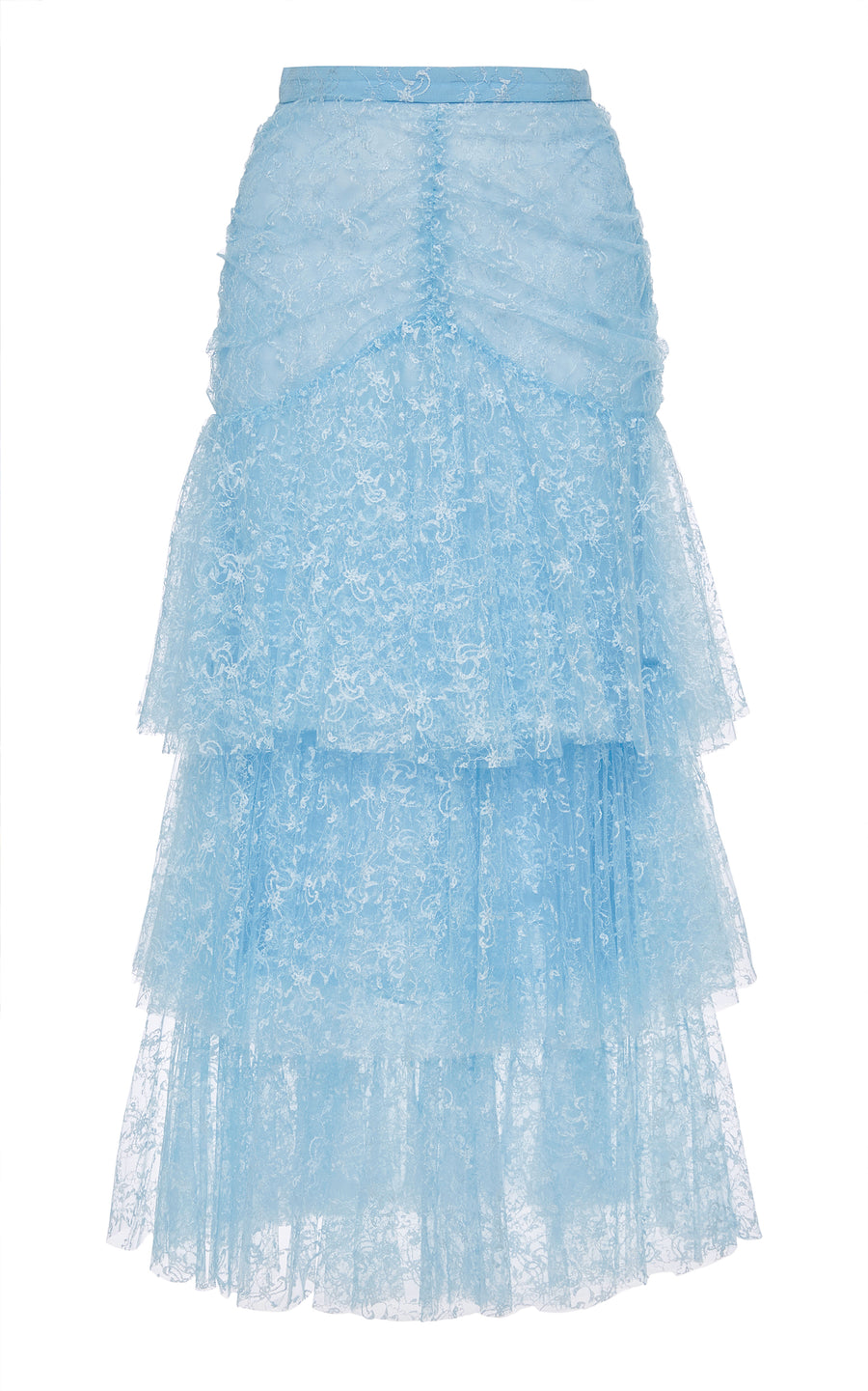 FW18 Light Blue Lace Off The Shoulder Blouse And Ruffled Tiered