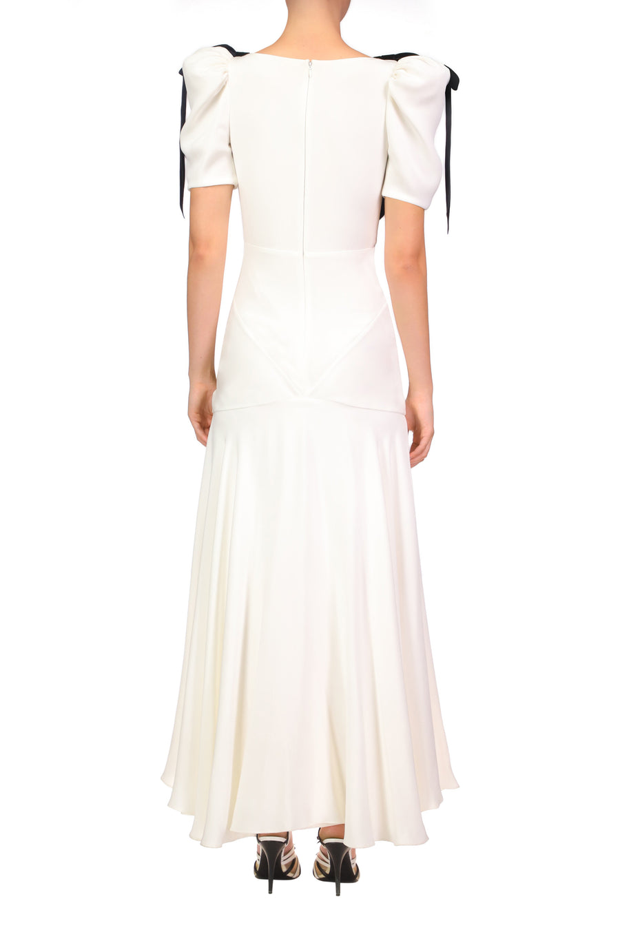 Off White Silk Crepe Bias Dress With Velvet Ribbon Bow Details