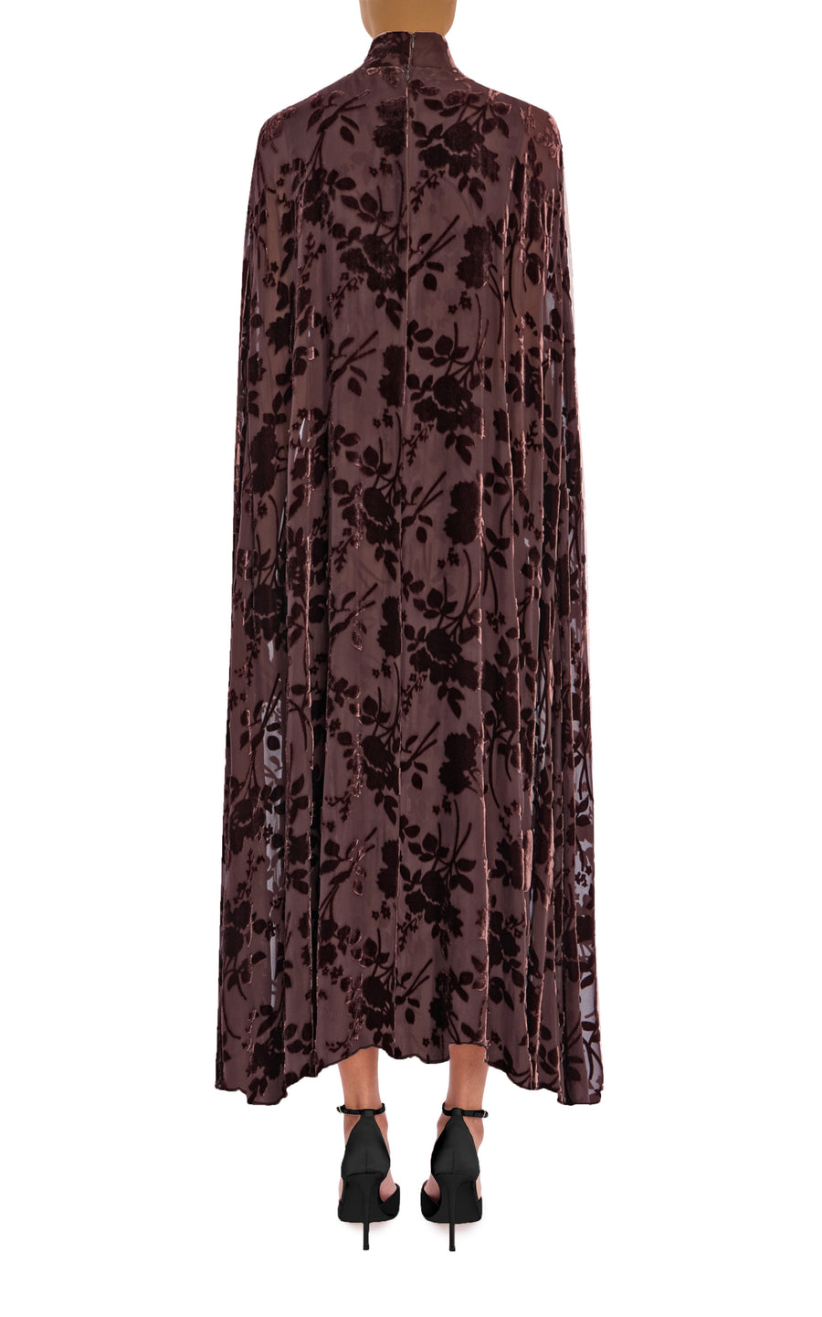 Brown Floral Silk Velvet Devoré Cape Dress