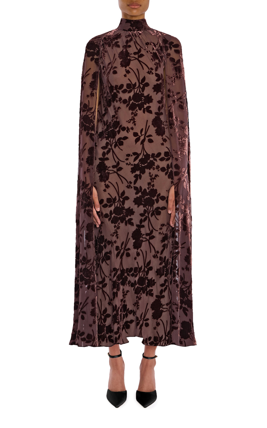 Brown Floral Silk Velvet Devoré Cape Dress