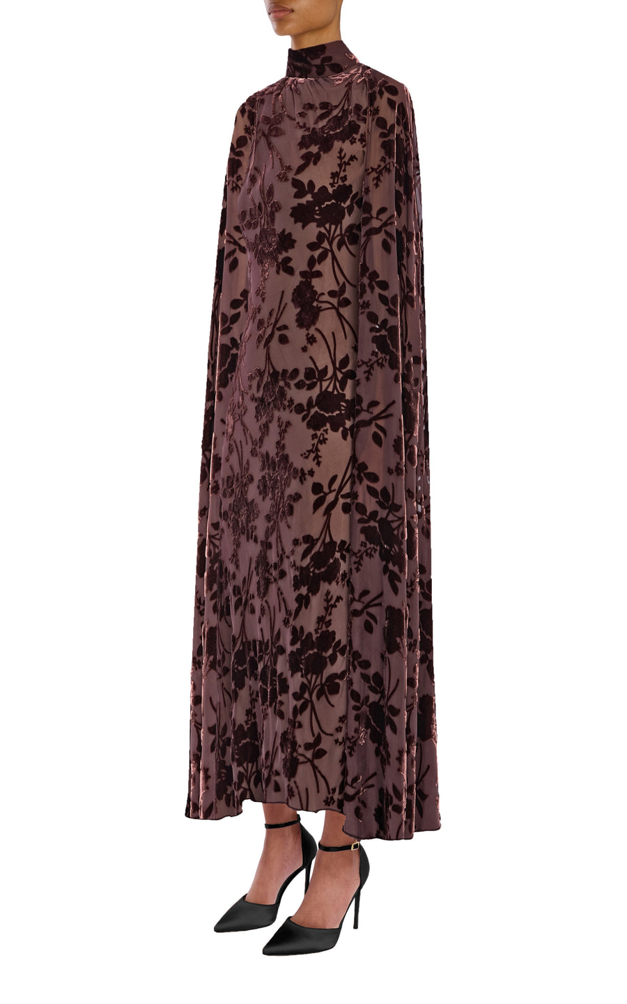 Brown Floral Silk Velvet Devoré Cape Dress