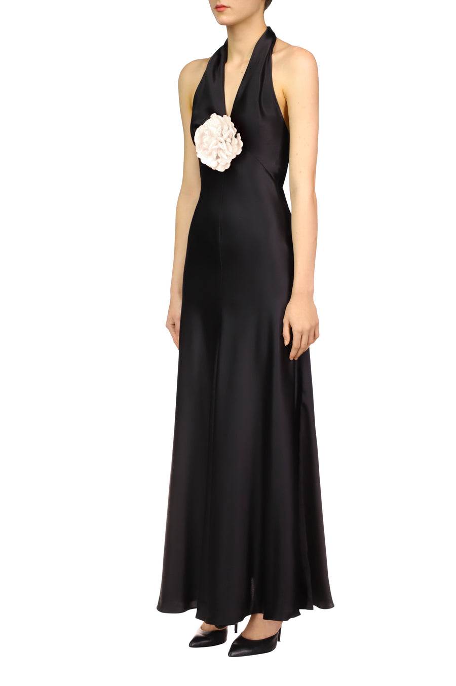 Black Silk Satin Halter Gown With Silk Flower Pin