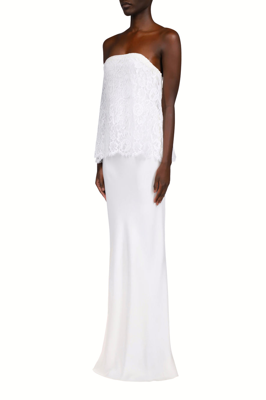 White Silk Crepe Strapless Bias Gown With White Lace Overlay