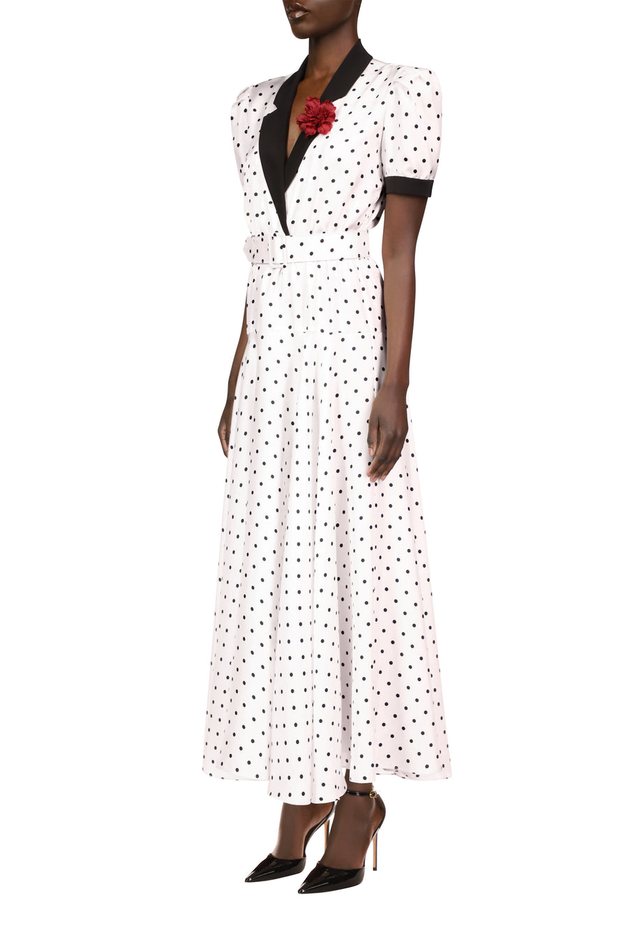 White and Black Polka Dot Silk Twill Collared Dress With Belt