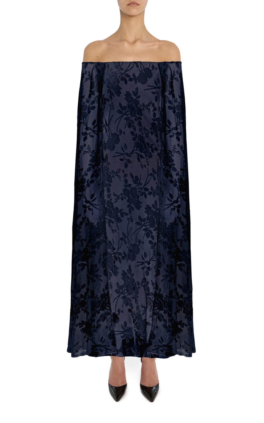 Navy Floral Velvet Devoré Off the Shoulder Cape Dress